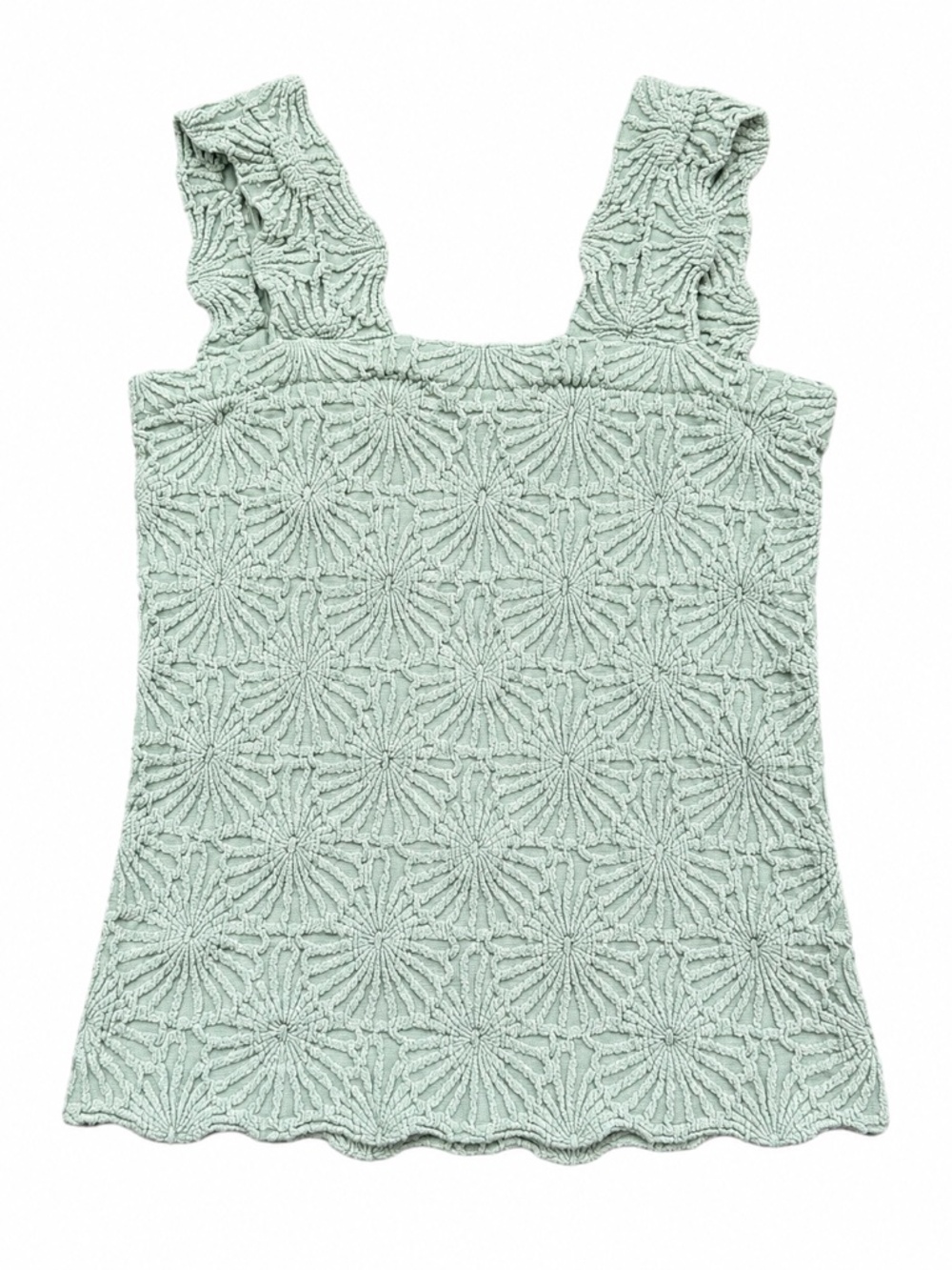 Mint Green Floral Textured Scallop Hem Square Neck Tank Top